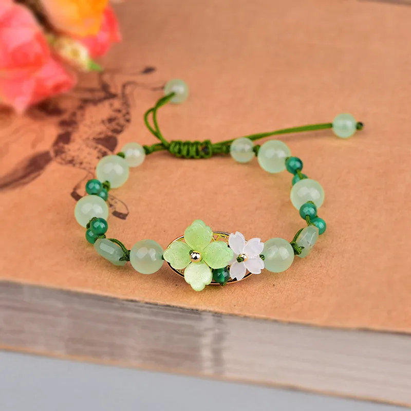 Bracelet Beaded Men - สร้อยข้อมือดอกไม้หยกสีเขียวเครื่องรางลูกปัดเครื่องประดับเครื่องรางของขลังกำไลดีไซน์เนอร์เสน่ห์โบราณของขวัญจากธรรมชาติแกะสลักสำหรับผู้ชาย