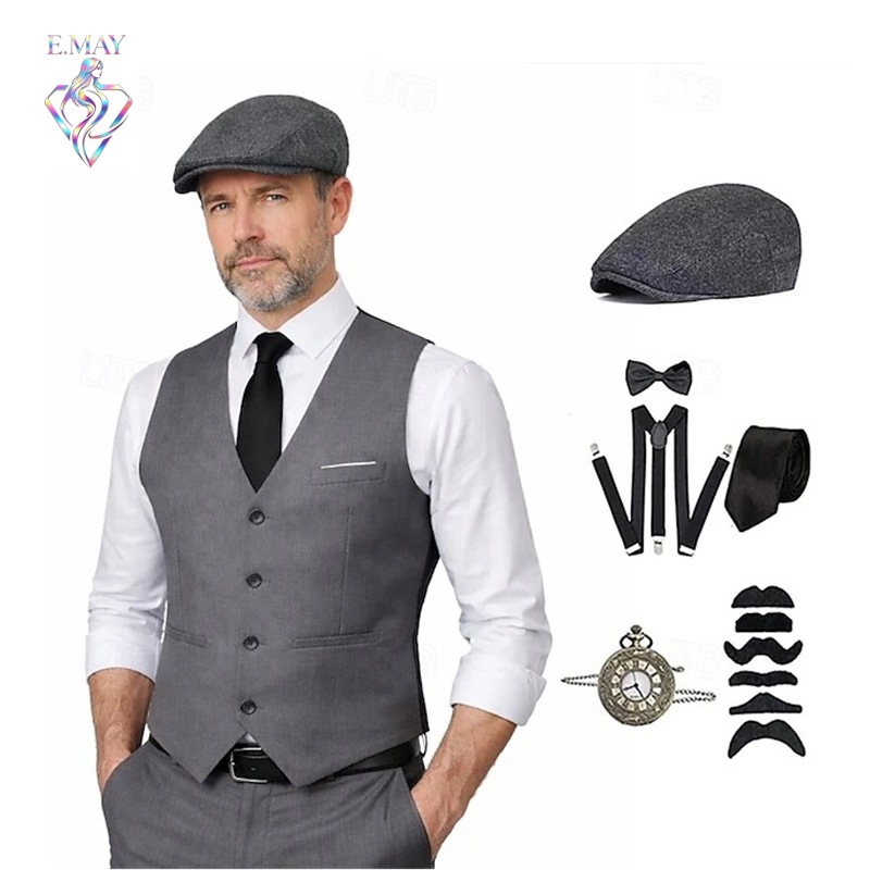 Men'S Accessories Vintage - ชุดคอสตูมผู้ชายไซส์ใหญ่สไตล์แก๊งสเตอร์ยุค 1920 พร้อมเสื้อกั๊ก ชุดสูทสุภาพบุรุษวินเทจยุค 20 พร้อมเครื่องประดับปี