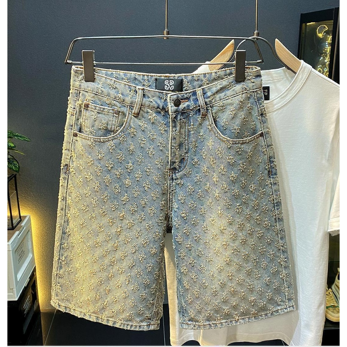 Men'S Accessories For Jeans - กางเกงยีนส์ขาสั้นผู้ชายสไตล์ลำลอง เอวสูงปานกลาง ทรงหลวม แฟชั่นวินเทจ ความยาวระดับเข่า เหมาะสำหรับฤดูร้อน