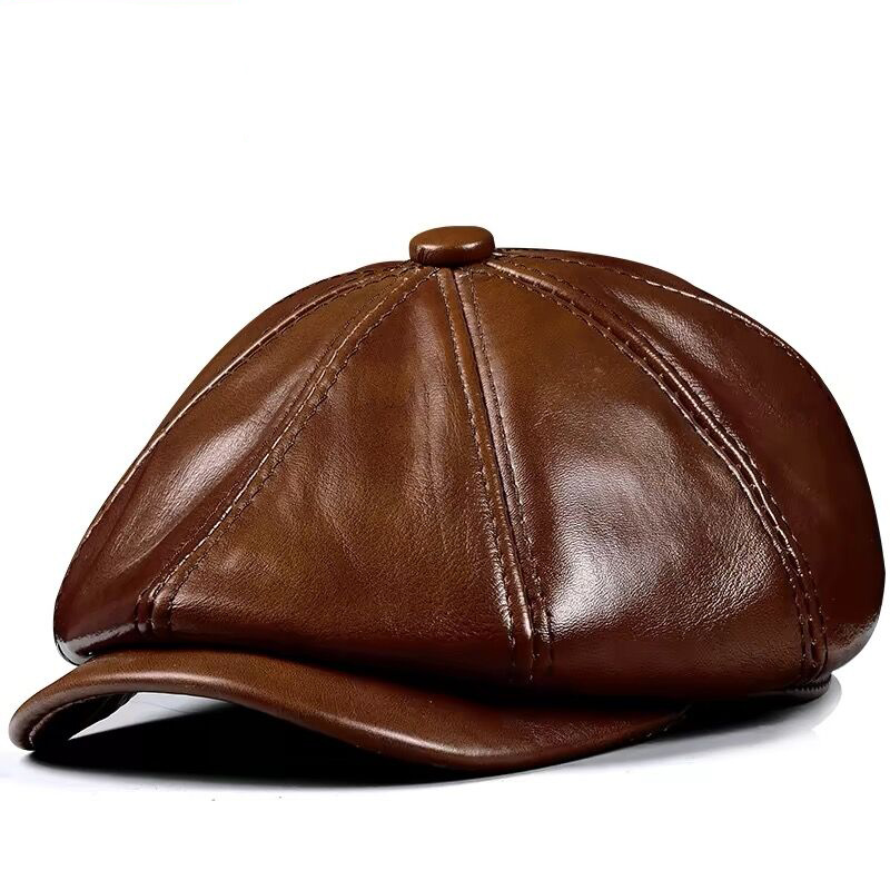 Men Accessories Brand - ฤดูใบไม้ผลิใหม่ของแท้หนังหมวกหมวก Cowhide Beret ผ้าฝ้ายผู้ชาย Padding ยี่ห้อสีน้ําตาล/สีดําหมวกเป็ด