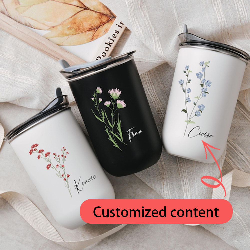 Flask Stainless Steel - แก้วสแตนเลสลายดอกไม้สีแดงพร้อมชื่อสั่งทำพิเศษ, แก้วเดินทางลายดอกไม้พร้อมฝาปิด, ของขวัญพร้อมชื่อสั่งทำพิเศษสำหรับผู้หญิง
